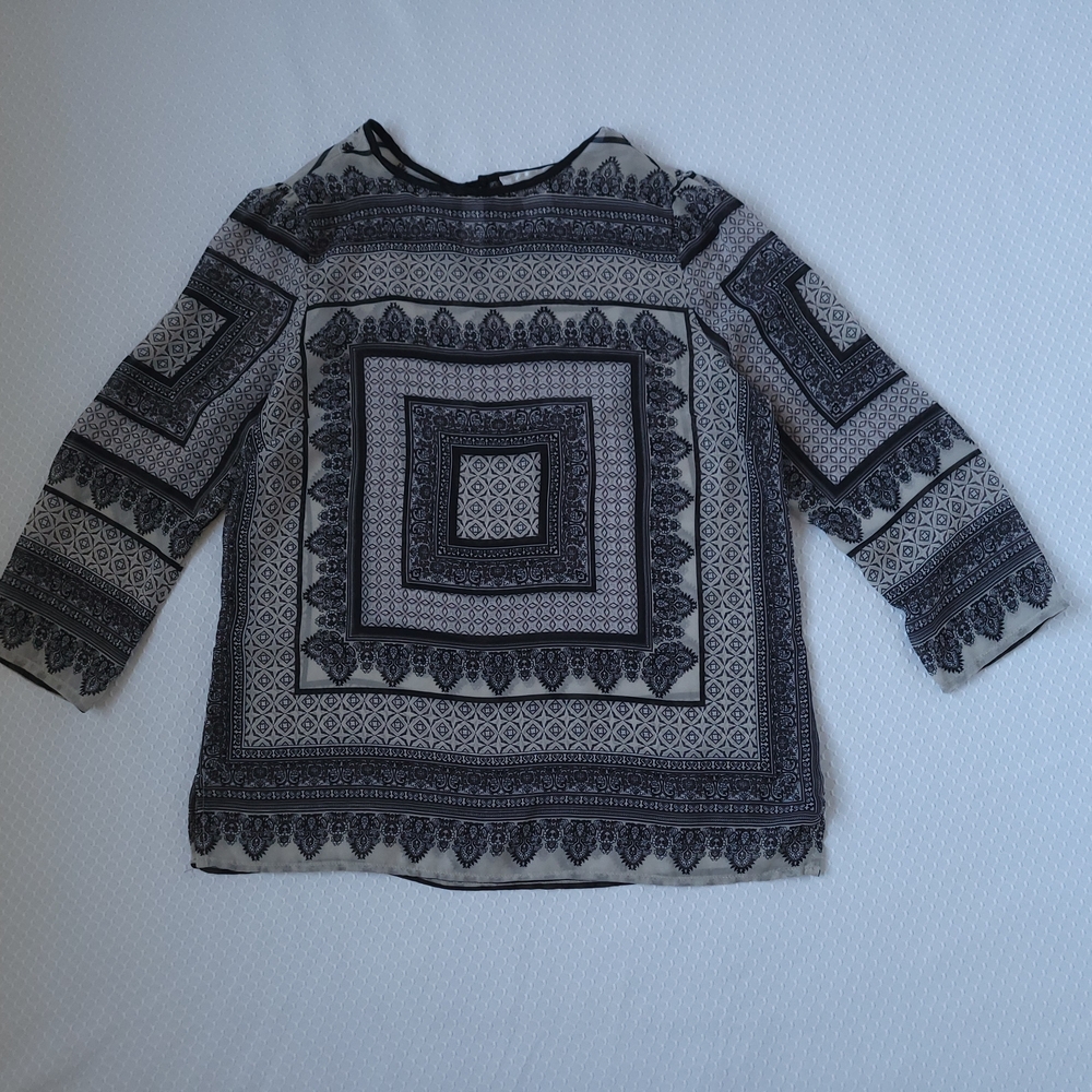 WD.NY Sheer Bohemian Blouse Small with Purple Black and Gray Patterns 3/4 Sleeve